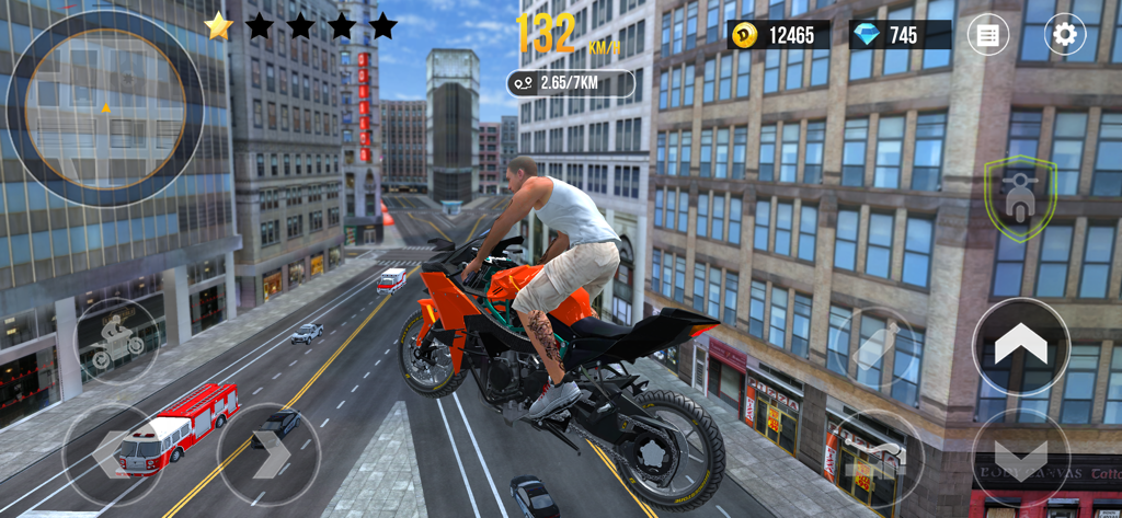 A motorcycle performing a high jump over a city street in a driving simulator game