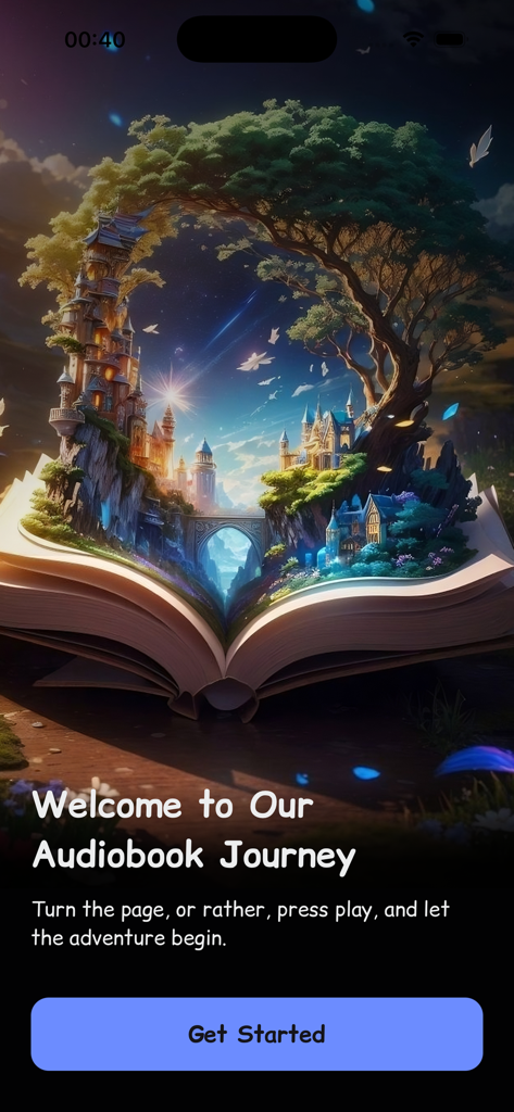 Magic World: Kids Books & Read - 매직 월드 앱의 환영 화면에 책이 열린 상태에서 성과 나무가 자라는 마법 같은 판타지 세계의 삽화