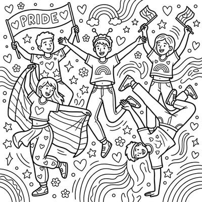 Join a lively celebration with our Teenage Dancers Pride coloring page, brimming with joy and self-expression. This dynamic scene showcases diverse teenagers celebrating love and community, ready for your artistic touch.