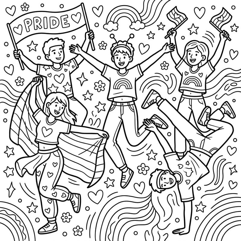 Join a lively celebration with our Teenage Dancers Pride coloring page, brimming with joy and self-expression. This dynamic scene showcases diverse teenagers celebrating love and community, ready for your artistic touch.