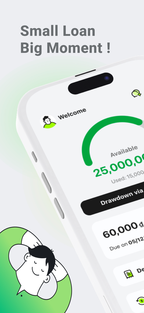 CUB Vietnam - Pantalla de la aplicación CUB Vietnam mostrando el saldo de préstamo disponible y el lema 'Pequeño Préstamo, Gran Momento'