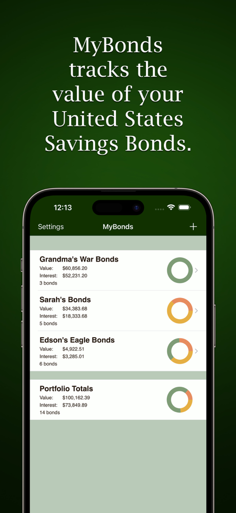 Interface of the MyBonds app showing multiple savings bond portfolios for family members with value and interest totals
