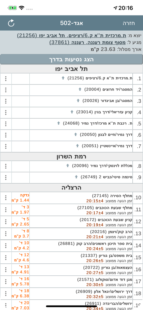 איפה בוס - תחבורה ציבורית בזמן - Efobus app interface showing a list of bus stops with real-time arrival estimates and distances in Israel