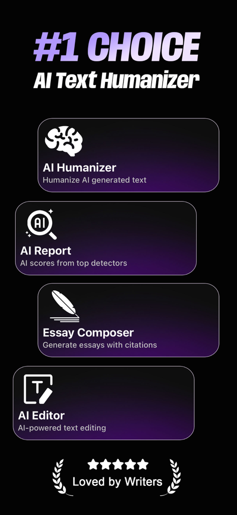 Panel de la aplicación AI Humanizer que muestra funciones para humanizar texto de IA, generar informes de IA, componer ensayos y editar texto de IA.