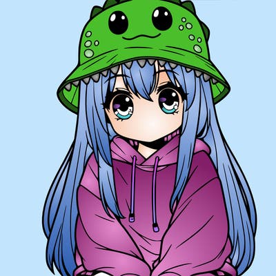 girl with anime shaped eyes with a dinosaur bucket hat oversized sweatshirt long straight hair