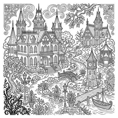 Immerse yourself in the dark elegance of a Gothic resort island with this stunning coloring page. Explore intricate Victorian architecture, mysterious landscapes, and a captivating atmosphere ready for your artistic touch.