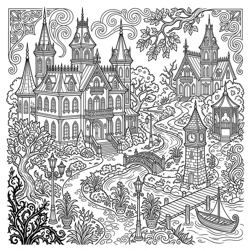 Immerse yourself in the dark elegance of a Gothic resort island with this stunning coloring page. Explore intricate Victorian architecture, mysterious landscapes, and a captivating atmosphere ready for your artistic touch.