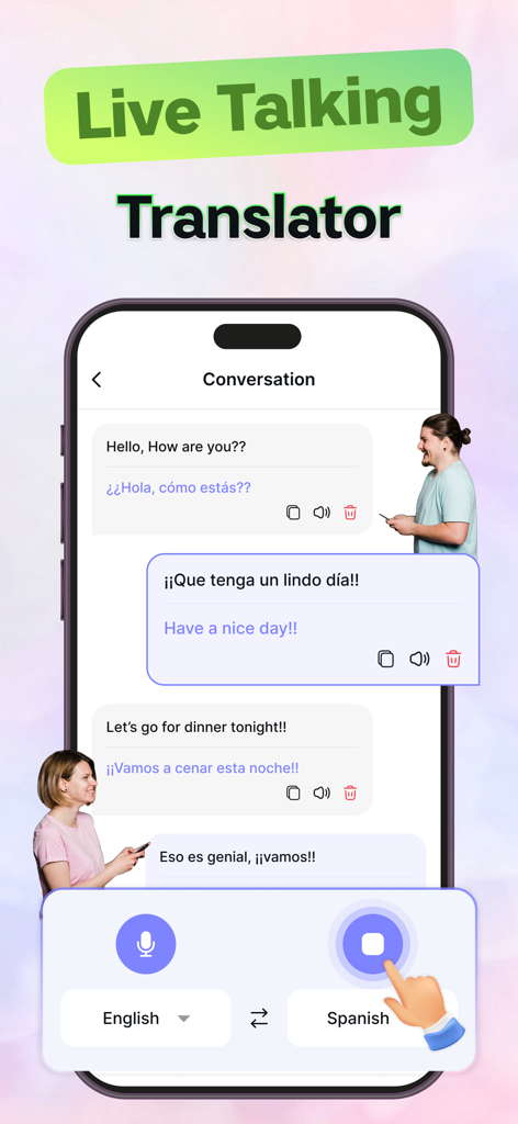 All Translate AI: Voice, Text - A smartphone interface showing a real-time voice translation conversation between English and Spanish using the All Translate AI app.