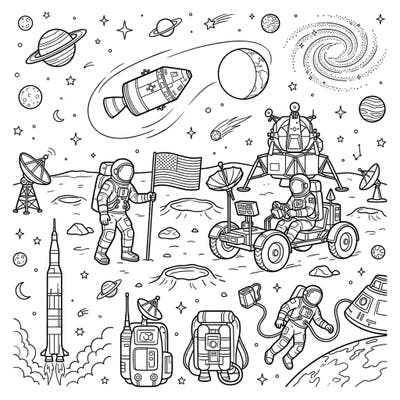 Relive the historic Apollo Missions with this captivating coloring page featuring iconic spacecraft, brave astronauts, and lunar landscapes. Discover the wonders of space exploration as you bring this detailed scene to life with your favorite colors.