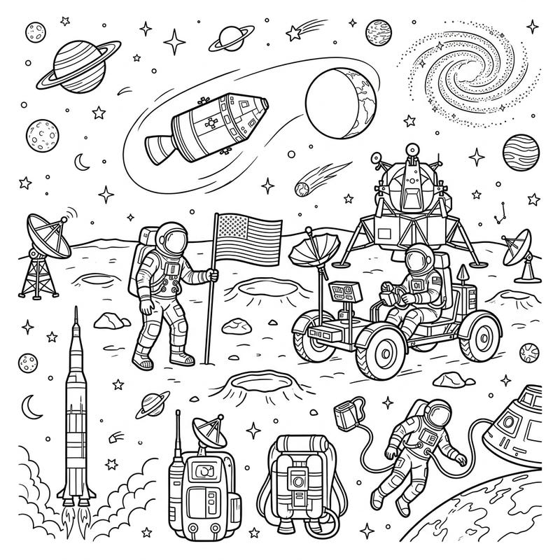 Relive the historic Apollo Missions with this captivating coloring page featuring iconic spacecraft, brave astronauts, and lunar landscapes. Discover the wonders of space exploration as you bring this detailed scene to life with your favorite colors.