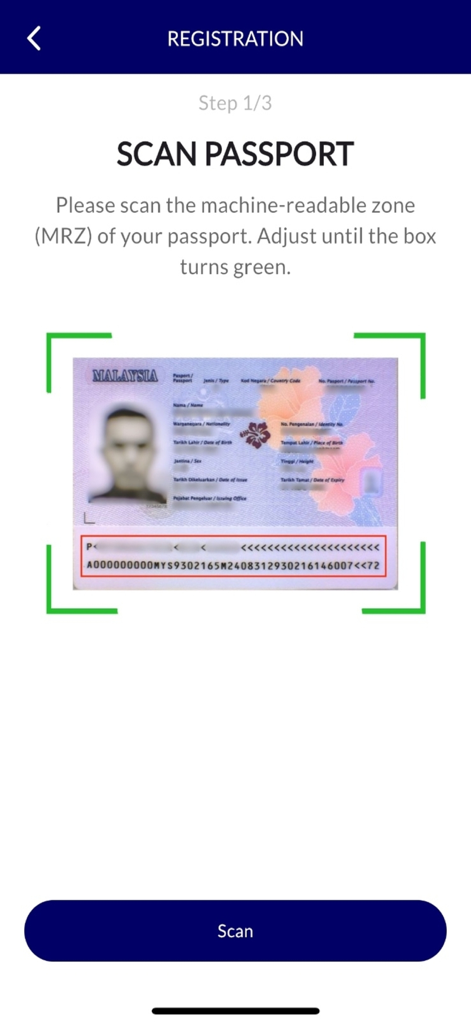 Schermata di registrazione dell'app MyBorderPass per la scansione della zona a lettura ottica del passaporto