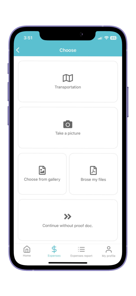 QLIVE mobile App-Bildschirm mit Optionen zum Hochladen von Belegen für Ausgaben, einschließlich Kamera, Galerie und Dateibrowser