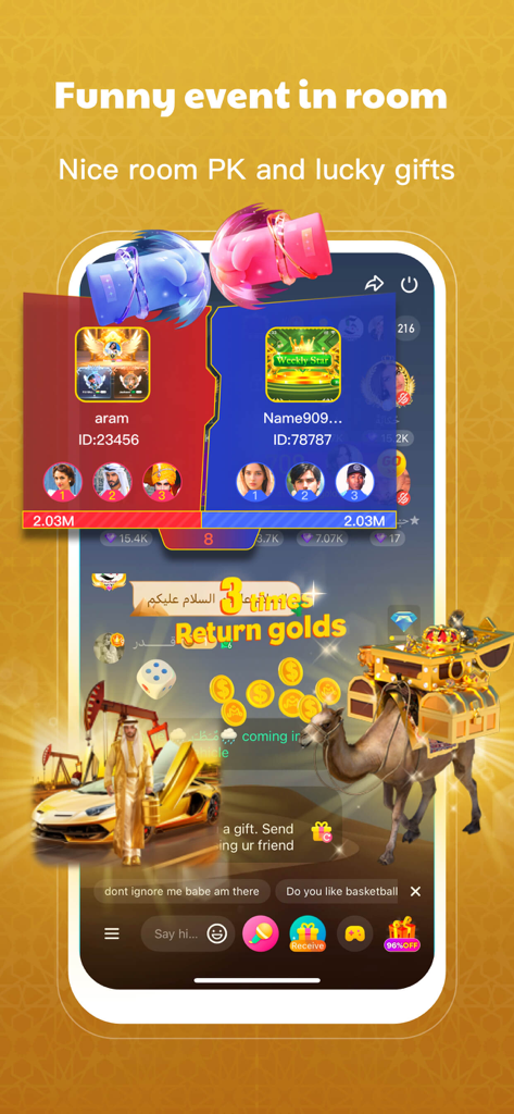 Mashi - Group Voice Live Chat - A live PK battle interface in the Mashi app featuring virtual gifts like a golden camel and a sports car