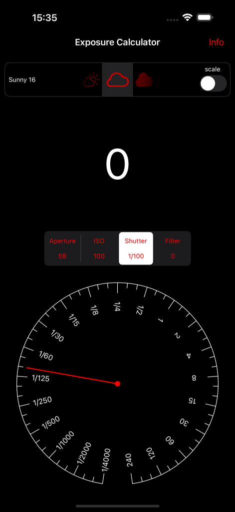 Exposure Equivalence - Belichtungsgleichwertigkeits-App-Oberfläche mit einem analogen Einstellrad für die Verschlusszeit und einer Anzeige für die Belichtungsbalance nach der Sunny 16-Regel.