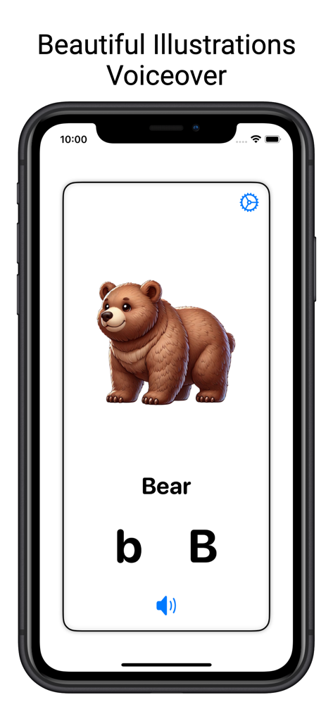 Alphabet Flash Cards for kids - Cartão de alfabeto para a letra B apresentando uma ilustração de urso e botão de reprodução de áudio
