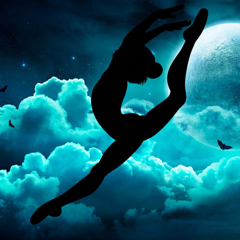 gymnast doing a leap in a leotard with a bent back leg