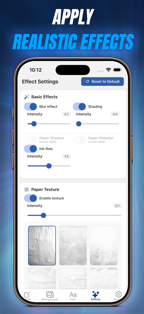 CursiveAI: Text to Handwriting - CursiveAI app screen with realistic ink and paper texture settings