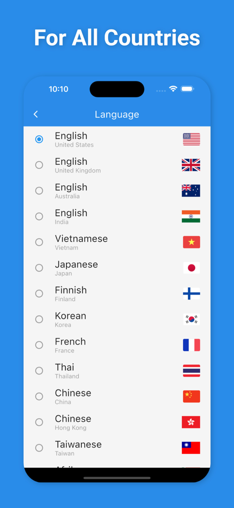 Chinese Translator & More + - 번역을 위한 다양한 국가 및 국기를 보여주는 언어 선택 화면