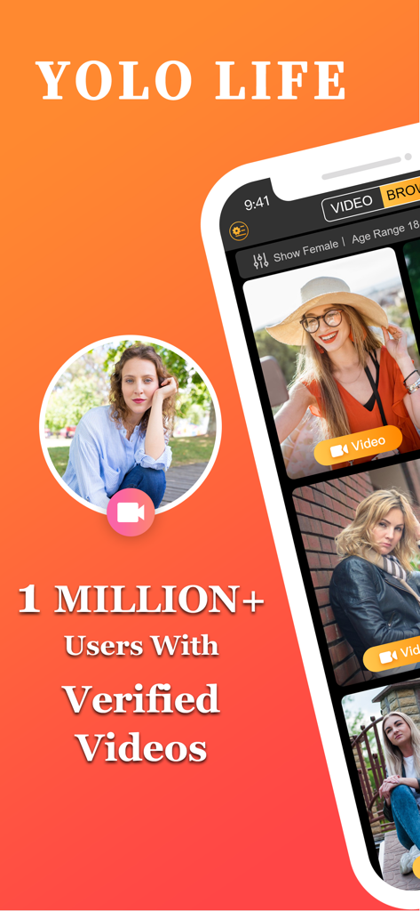 Yolo - Meet New Friends - Promotional screen for the Yolo app highlighting verified video profiles and a user base of over one million people