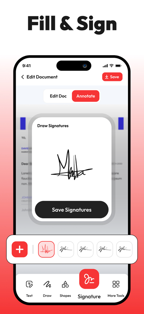 PDF Editor, Edit PDF Documents - Interfaz de la aplicación de iPhone mostrando la herramienta de firma electrónica para documentos PDF