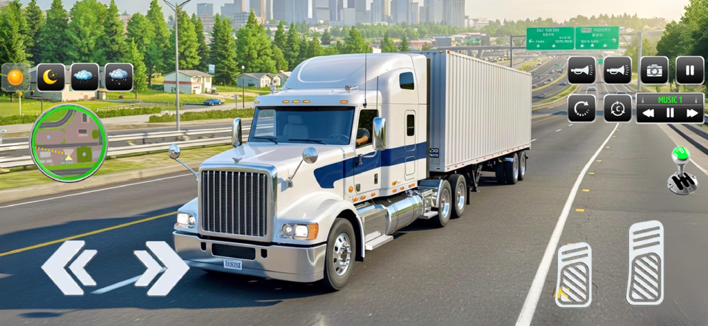 Factory Truck Simulator Games - Un camión semi-blanco conduciendo por una autopista con controles de juego móvil y un minimapa