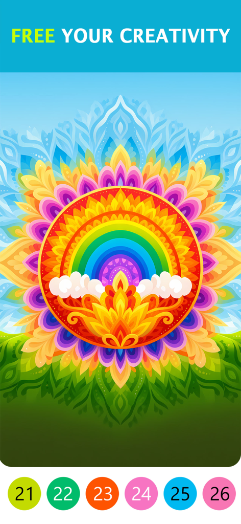 Arte vibrante de un arcoíris y una mandala de nubes en la interfaz de la aplicación de colorear Coloria Bloom