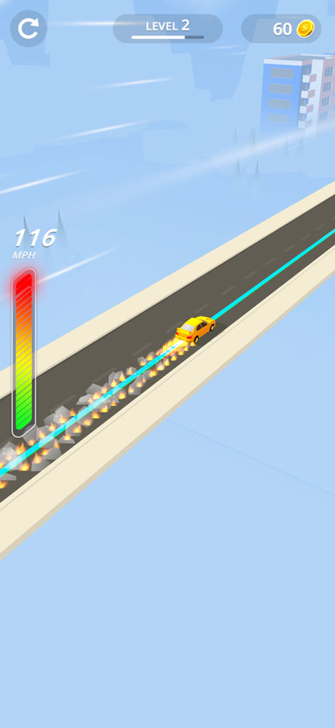 Ein gelbes Auto rast auf einer blauen Linie auf einer Straße und hinterlässt eine Feuerspur im Line Race Mobile Game.