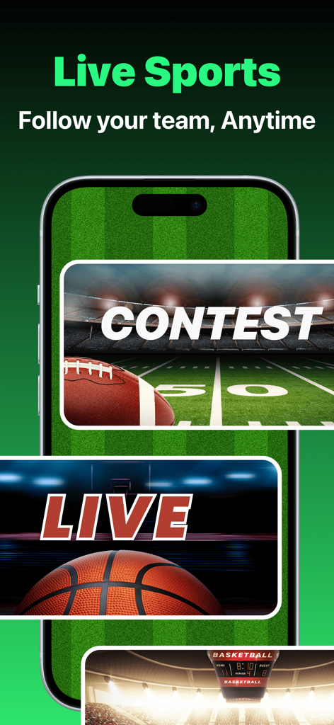 FM Radio: Music, Sports & News - Función de radio deportiva en vivo en la aplicación Radio FM destacando la cobertura de fútbol americano y baloncesto
