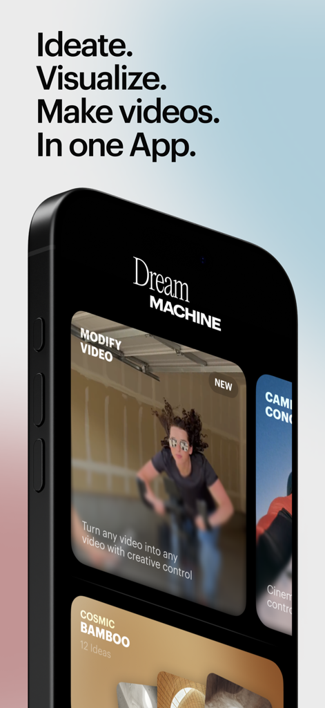 Interfaccia dell'app Luma Dream Machine su iPhone che mostra strumenti di editing video AI e funzioni creative.