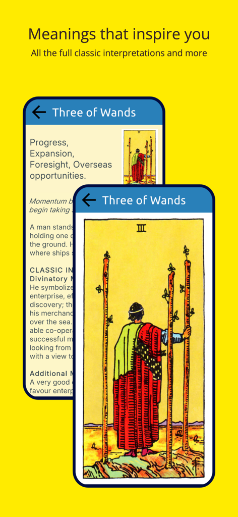 My Tarot Deck - Una schermata che mostra la carta Tre di Bastoni e le sue interpretazioni classiche nell'app My Tarot Deck