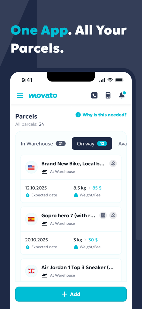 Movato - Online Shopping - Movato app parcels screen showing tracking information and status for international shipments
