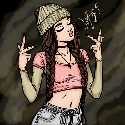 realistic teenage girl with braids and a beanie and crop top doing 🫶🏼