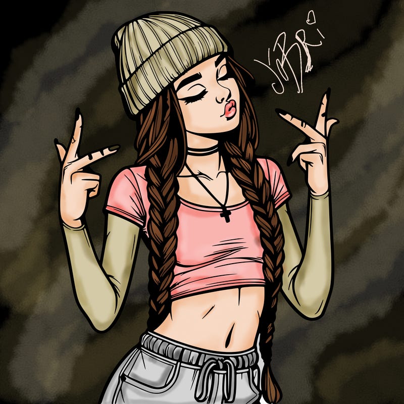 realistic teenage girl with braids and a beanie and crop top doing 🫶🏼