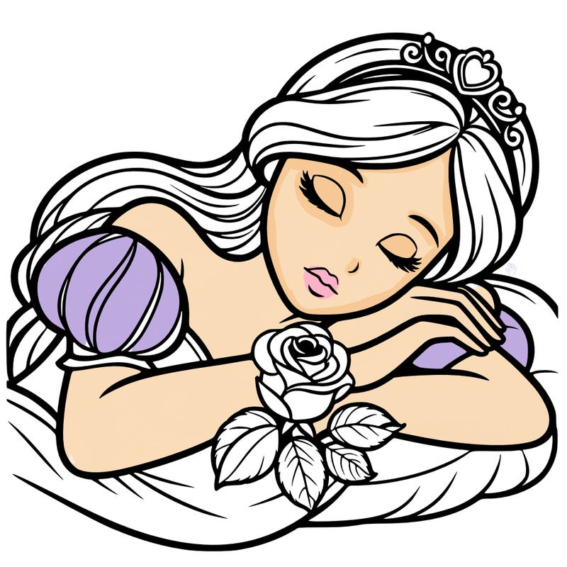 a fairytale princess sleeping with her hands crossed on her chest and a rose on her chest realistic