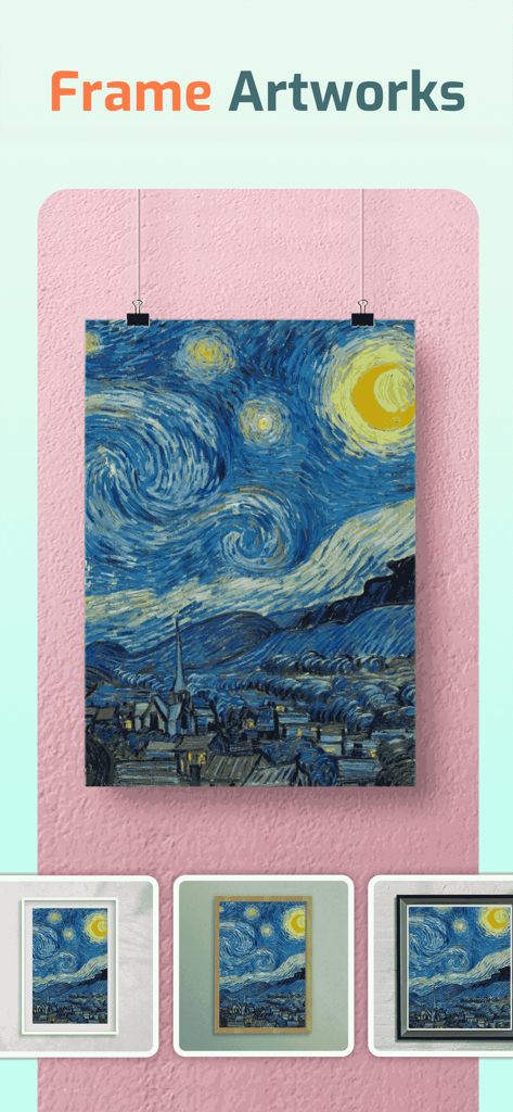 Mockup Generator - Mockitup - デジタルウォールアートモックアップ用の様々なフレームスタイルを表示するモバイルアプリのインターフェース