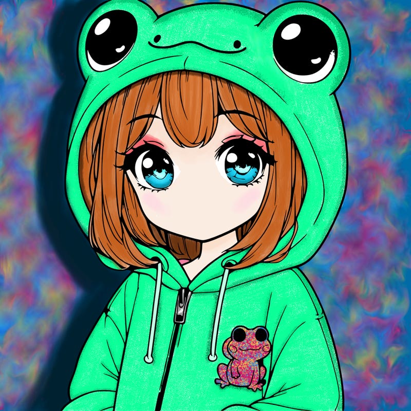 cute realistic girl in a froggy hoodie