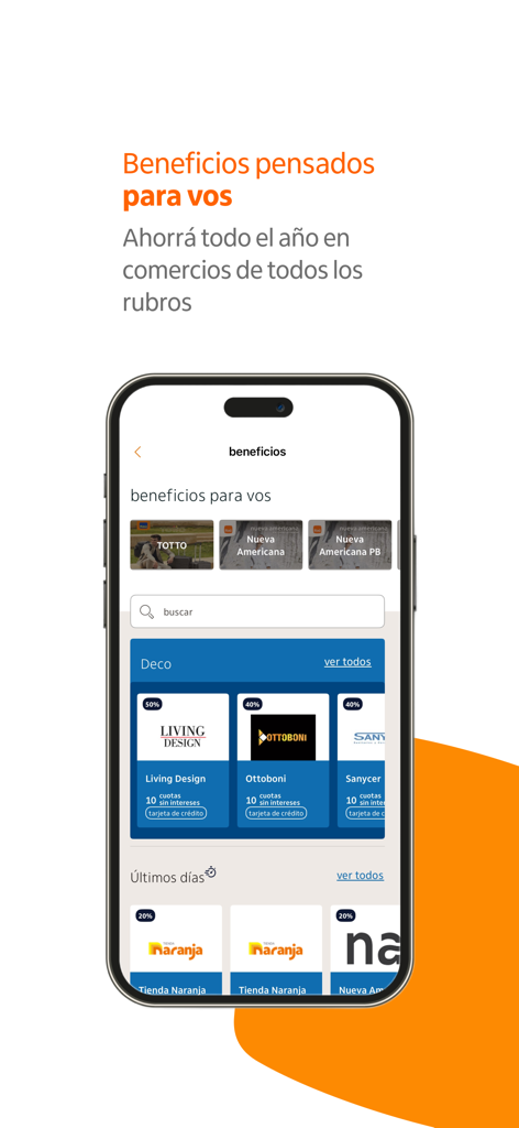 Itaú Paraguay - Pantalla de beneficios de la aplicación móvil Itaú Paraguay que muestra descuentos en comercios y categorías de compras.