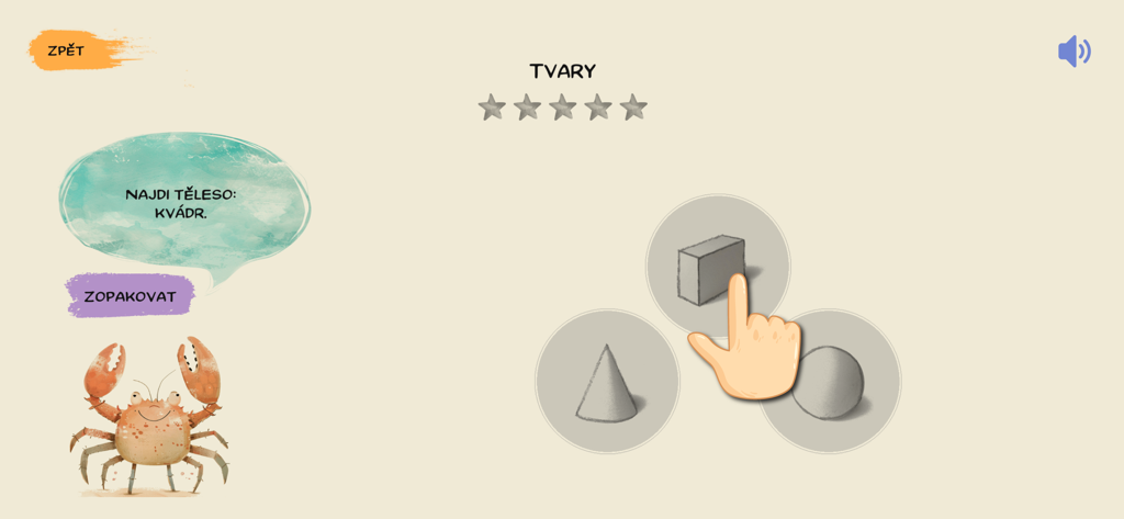 Školáček EDU - Interfaz educativa de la aplicación Skolacek EDU que muestra una lección de geometría identificando un paralelepípedo entre formas 3D.