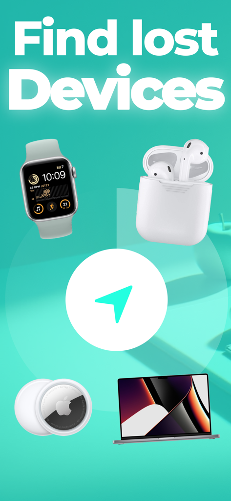 Device Detector : Find devices - Device Detector app promotional screen showing icons for lost smartwatch earbuds and laptop with a radar navigation arrow