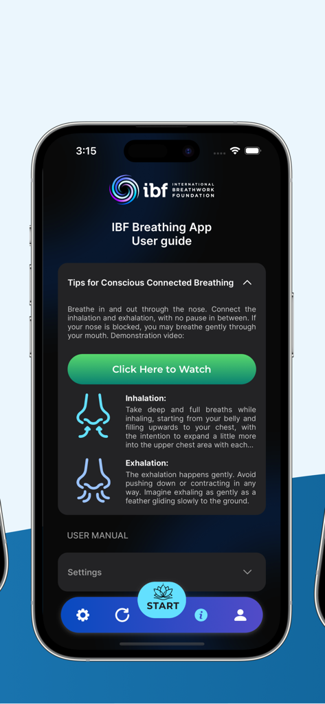 IBF Breathing App - IBF Breathing App interface showing the user guide with instructions for inhalation and exhalation techniques