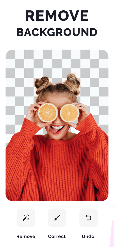 Eraser: remove background, bg - Interface do aplicativo Eraser mostrando uma mulher em um suéter vermelho com o fundo removido e ferramentas de edição abaixo