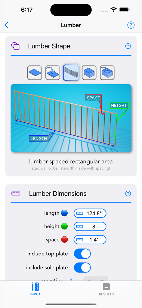 Construction Calc Pro 2 - Lumber spacing and stud wall calculation screen in Construction Calc Pro 2
