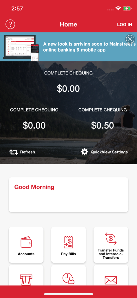 Mainstreet CU Mobile Banking - Mainstreet CU mobile banking home screen displaying account balances and quick access to pay bills and Interac e-transfers.