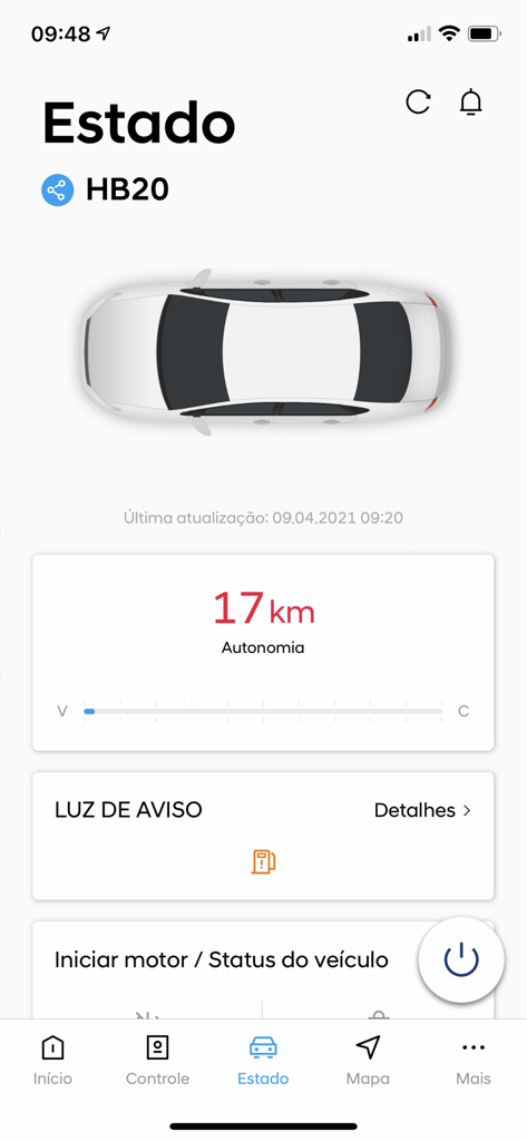 Hyundai Bluelink - Dashboard dell'app Hyundai Bluelink che mostra lo stato del veicolo, l'autonomia di carburante e le opzioni di avvio remoto