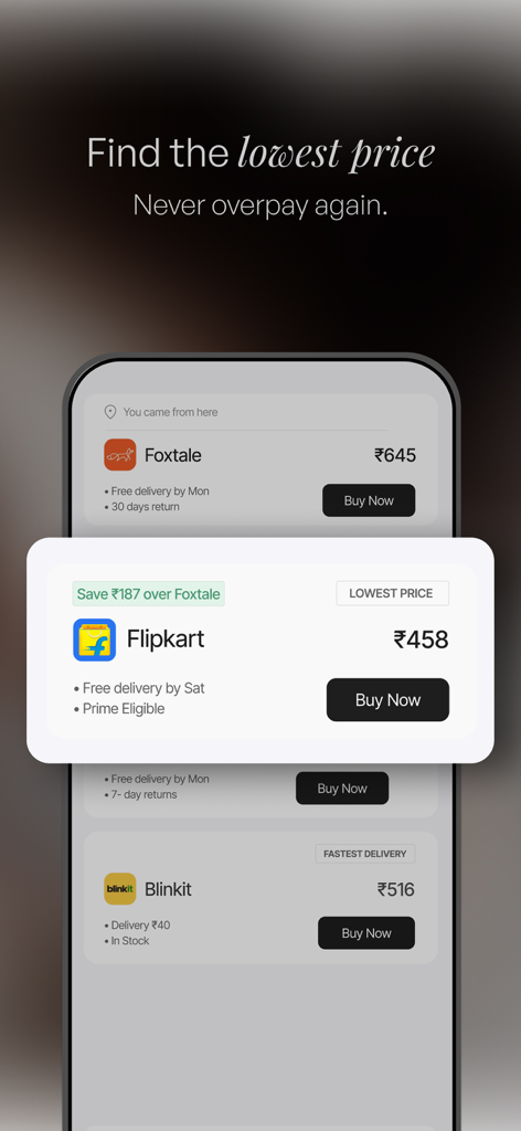 Flash.co | AI-Powered Shopping - Interfaz de la aplicación Flash que muestra comparaciones de precios en tiempo real en múltiples tiendas para encontrar el precio más bajo