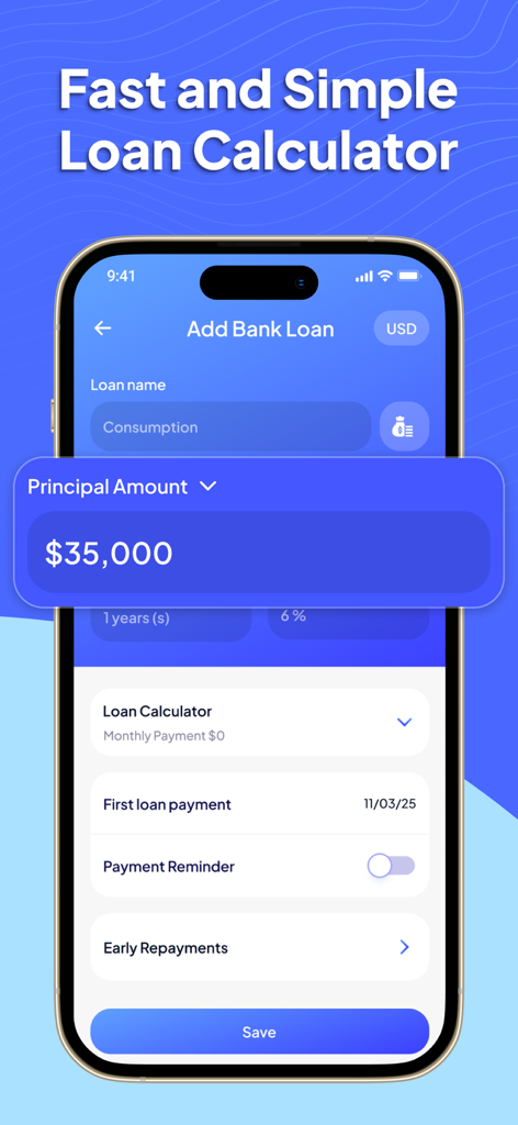 Loan Tracker: Smart Loan - Interface de l'application Loan Tracker montrant l'écran d'ajout de prêt bancaire avec un montant principal de 35000 dollars