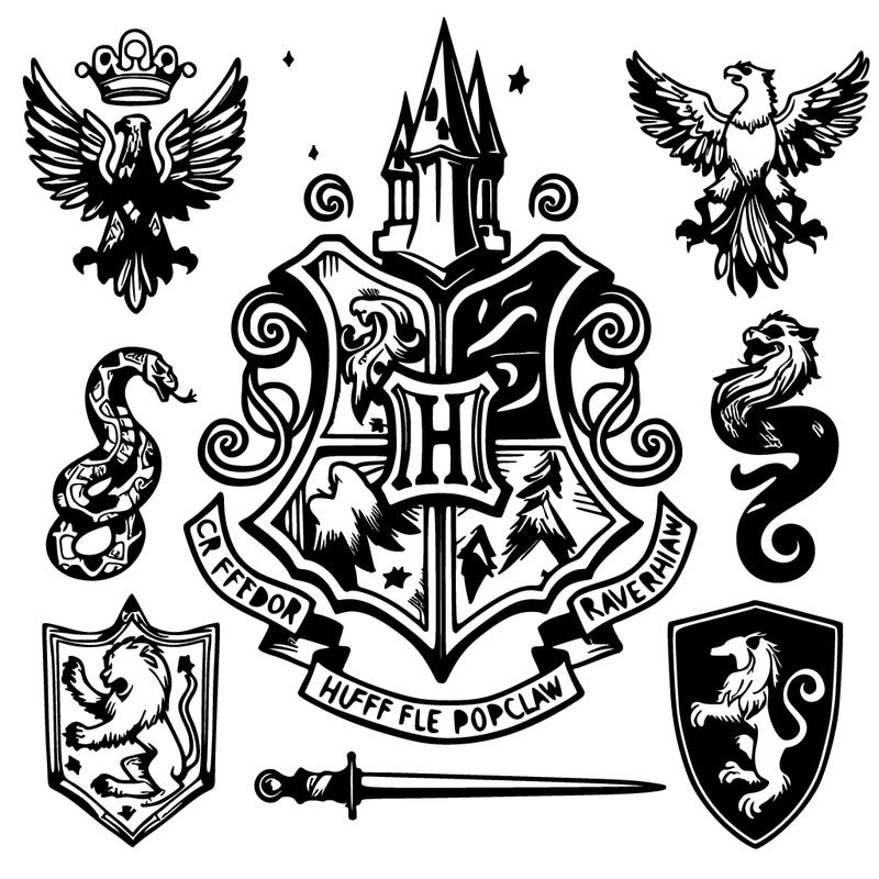 hogwarts crest with griffindor hufflepuffravenclaw and slytherin