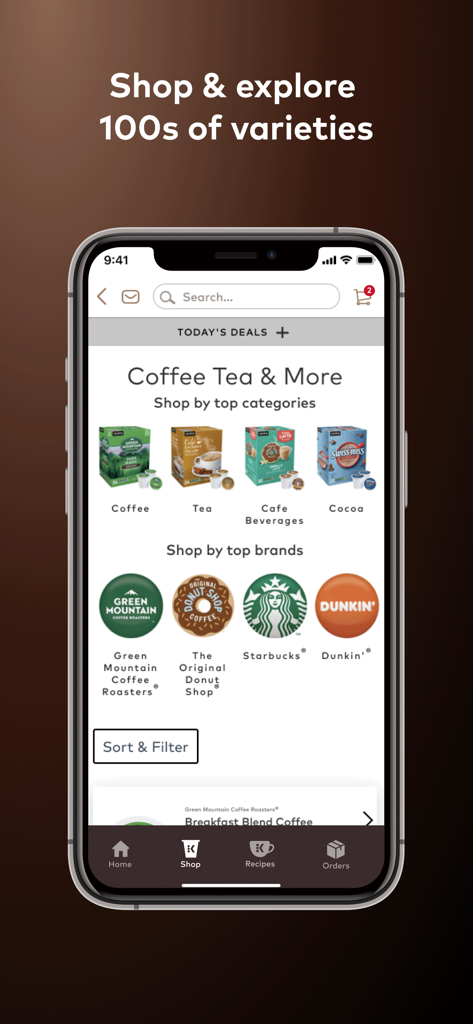 Keurig - Keurig app shopping interface showing categories for coffee, tea, and major brands like Starbucks and Dunkin.
