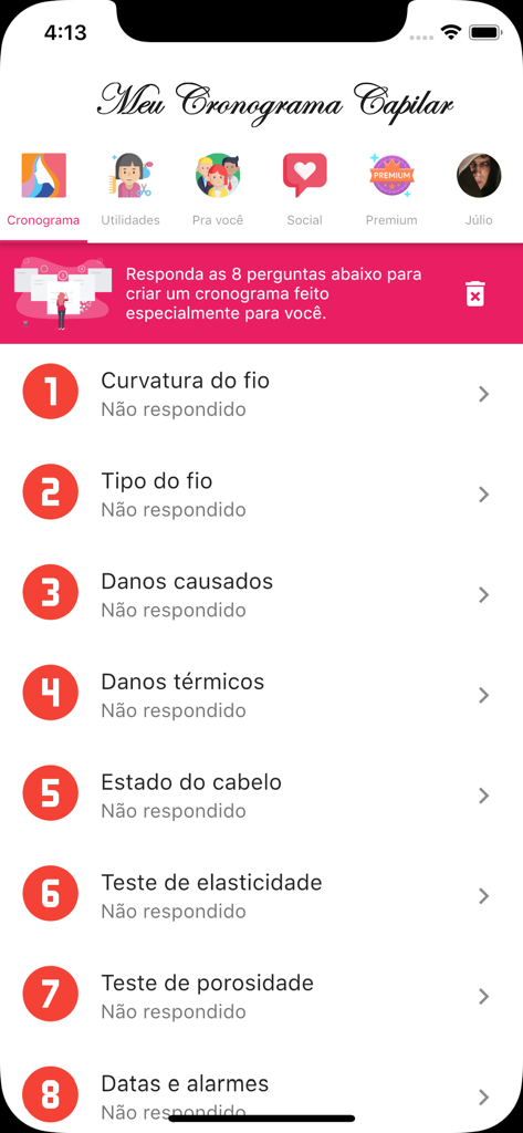 Mobile App-Bildschirm, der acht Schritte zur Personalisierung eines Haarpflege-Behandlungsplans zeigt.