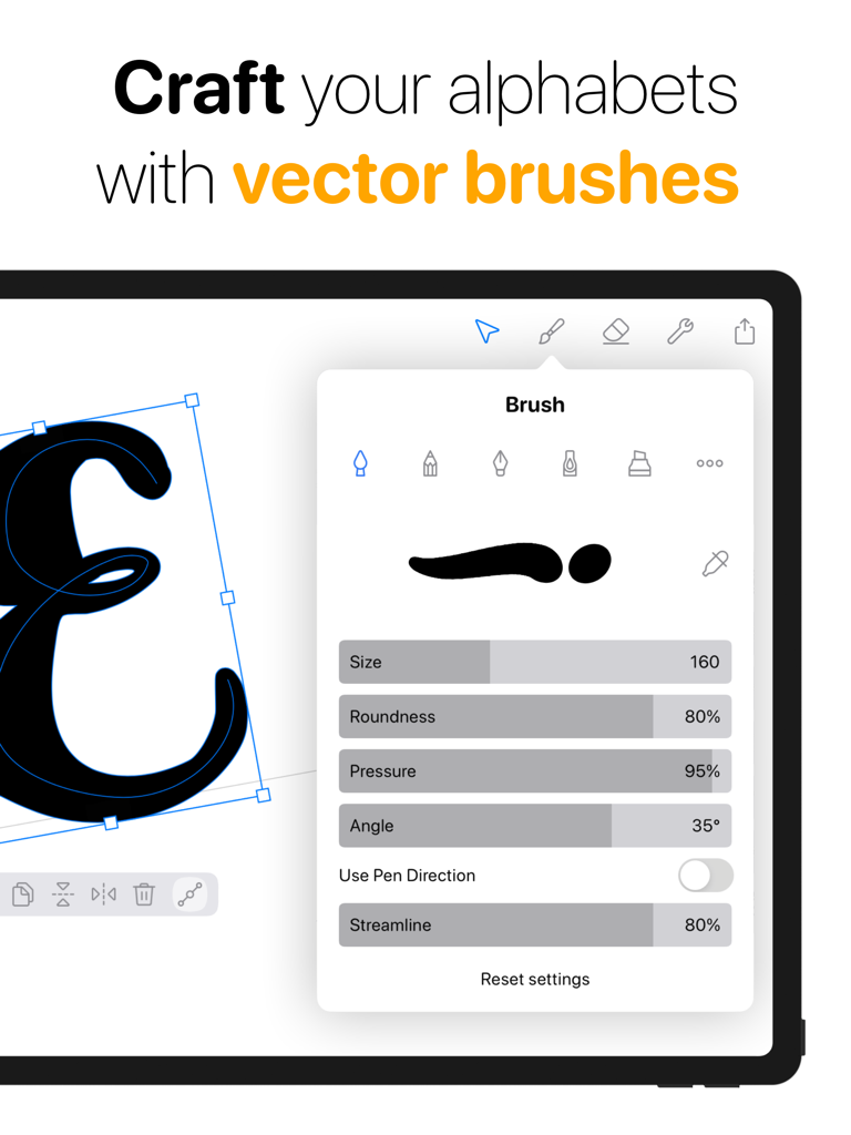 Fontself - Make your own fonts - Fontself app interface on iPad showing vector brush settings for creating custom fonts